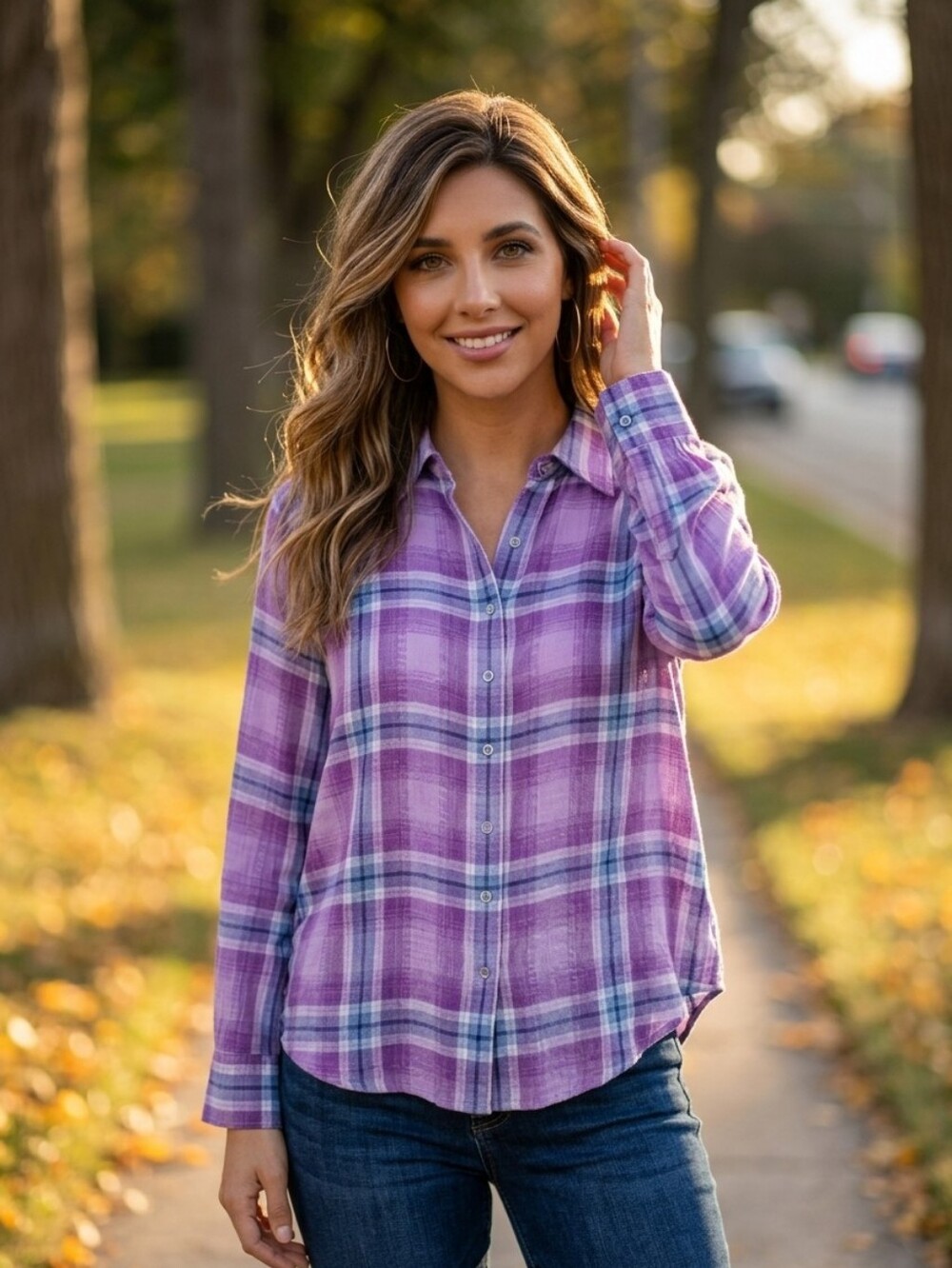 Allison Daley Purple Blue Plaid Button-Down Light Shirt Women's Sz Medium & XL